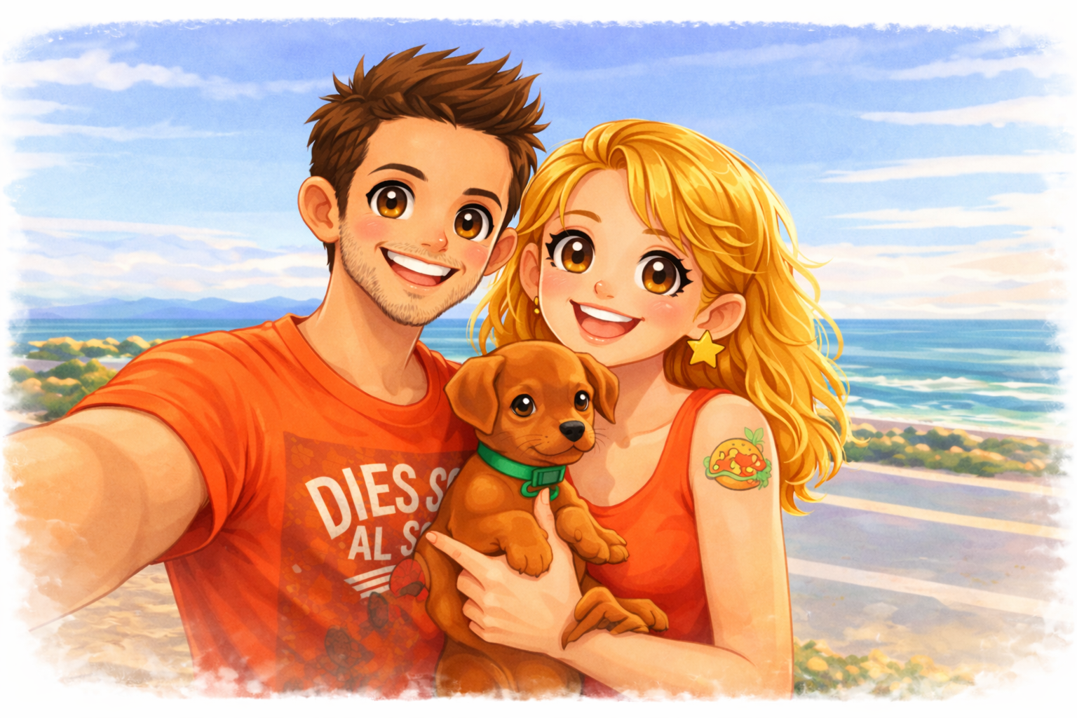 Pareja feliz y cachorro en la playa